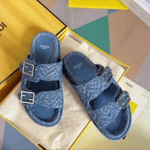 Fendi Denim Blue Sandals with Metallic Buckles